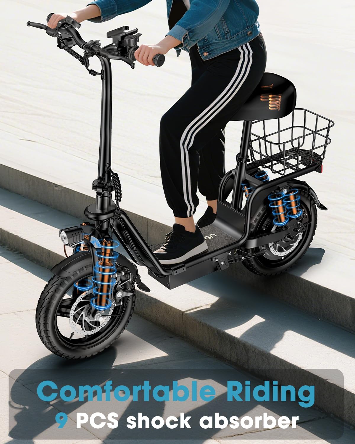 INSDRGN Electric Scooter with Seat for Adults, Peak 1300W Motor, 28-35 Miles Range eScooter, 48V 13Ah Li Battery, 20MPH Foldable Commuter E-Scooter with Basket, Max 330LBS, UL2272 Certified, C14 PRO