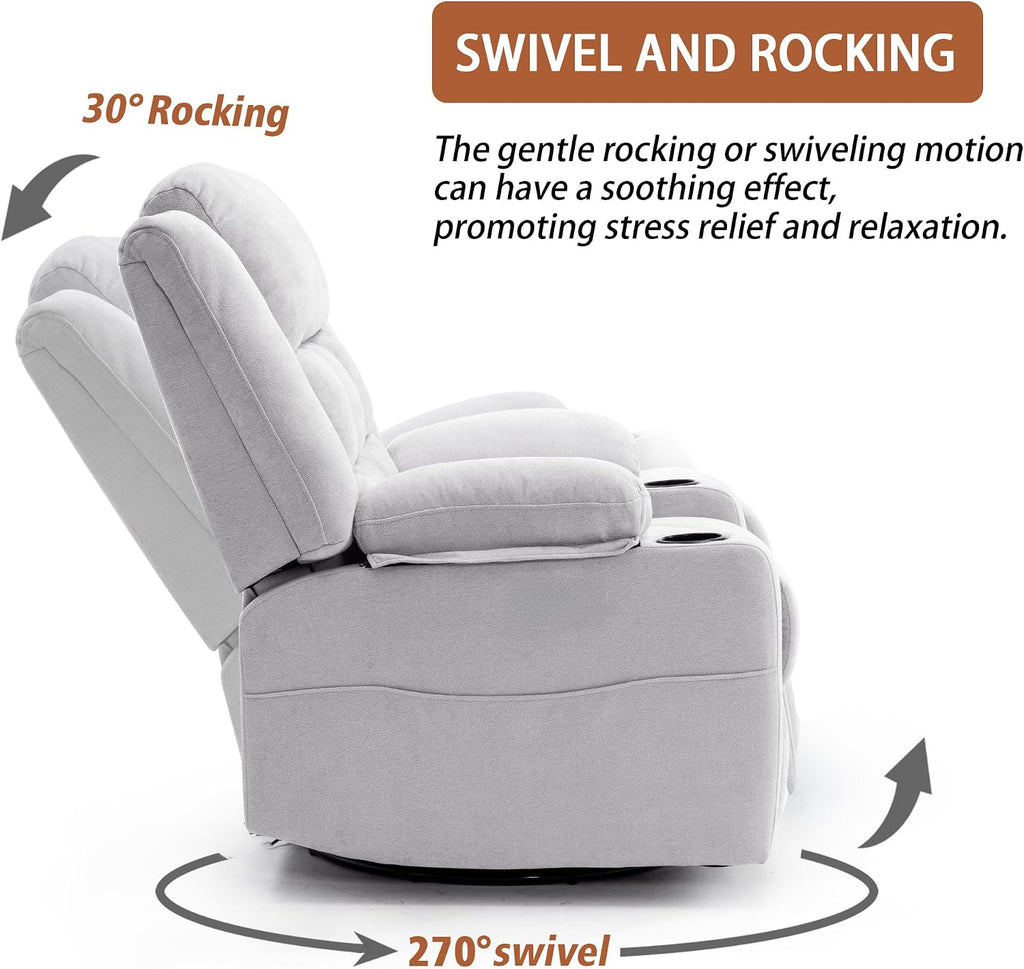 Ketaiyou Power Swivel Rocker Recliner Chair for Adults with Massage and Heat, USB and Type-C Ports, Infinite Position, Electric Glider Reclining Single Sofa Chair for Living Room (Light Grey)
