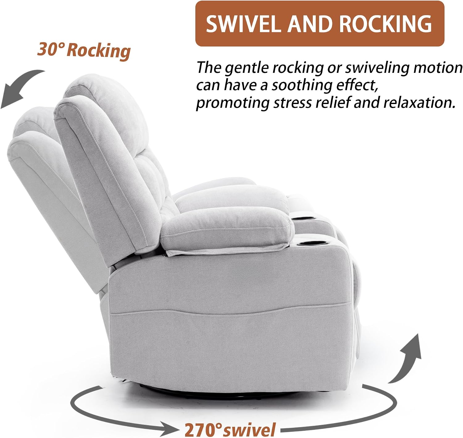 Ketaiyou Power Swivel Rocker Recliner Chair for Adults with Massage and Heat, USB and Type-C Ports, Infinite Position, Electric Glider Reclining Single Sofa Chair for Living Room (Light Grey)