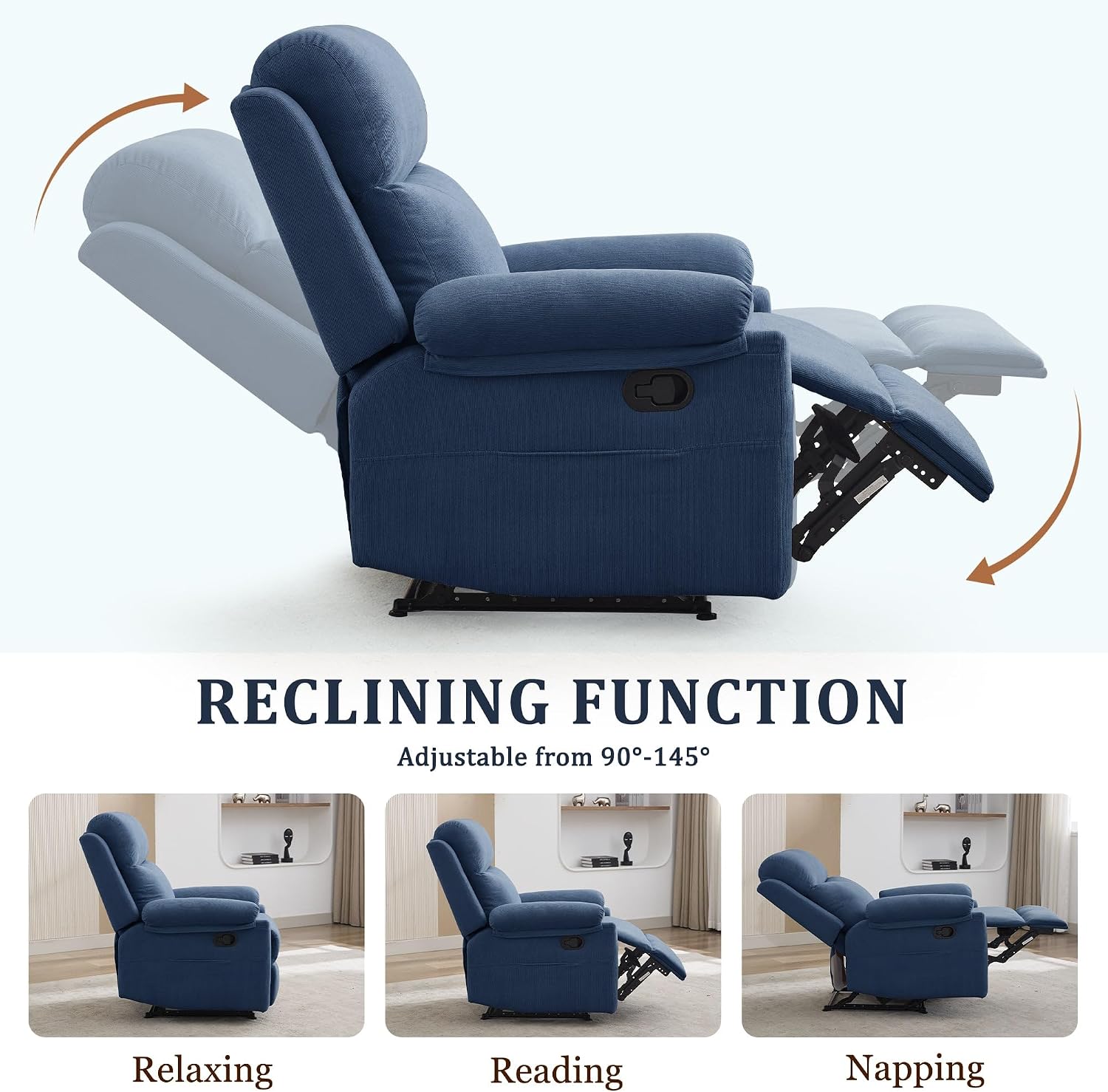 Korser Recliner Chair, Manual Recliner for Adults with Side Pocket, Small Recliners for Small Spaces, Adjustable Comfy Overstuffed Corduroy Reclining Chairs for Living Room, Reading, Bedroom, Blue