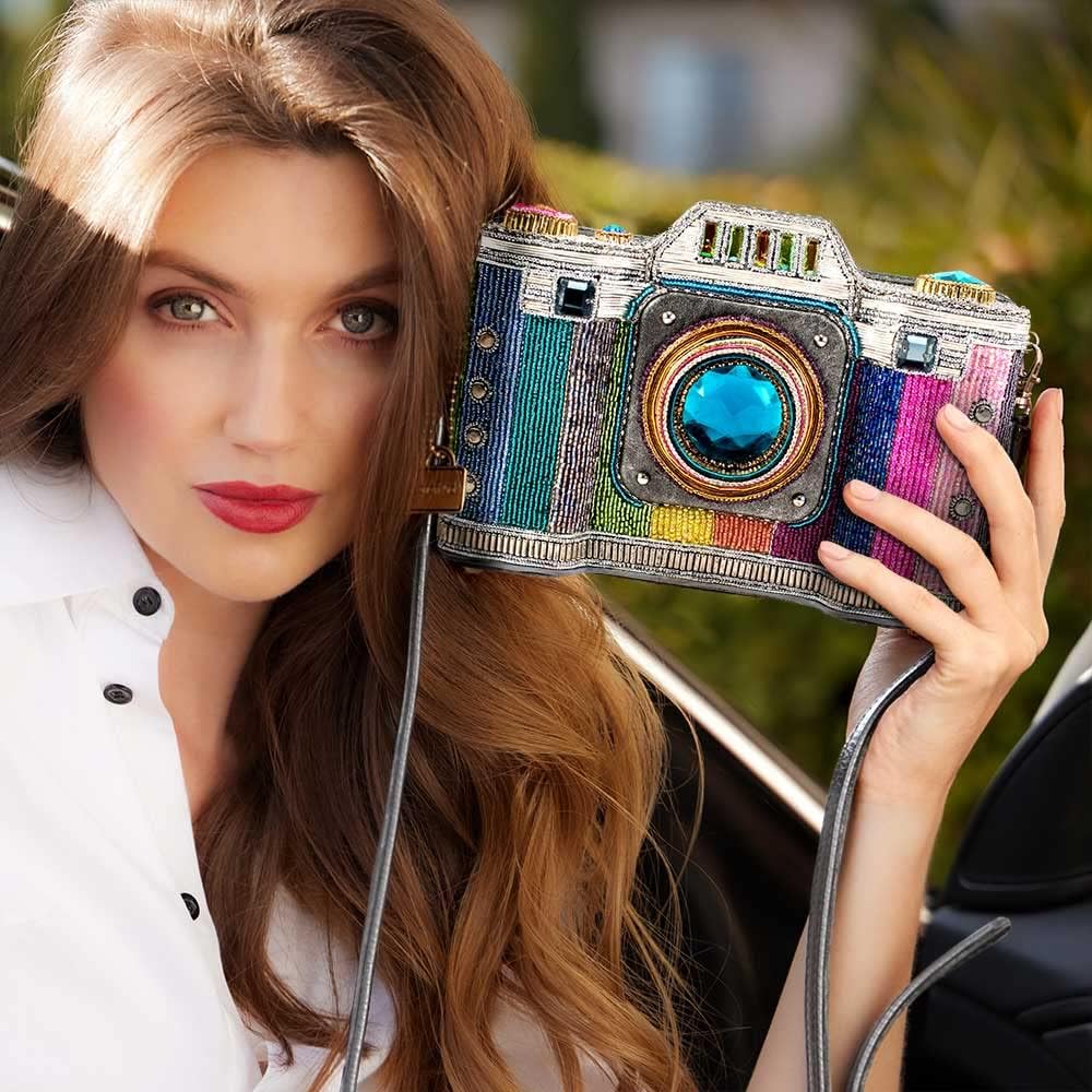 Mary Frances Life in Color Beaded Handbag – Camera-Themed Crossbody with Magnetic Closure for Travel, Weddings, Parties – Multicolor