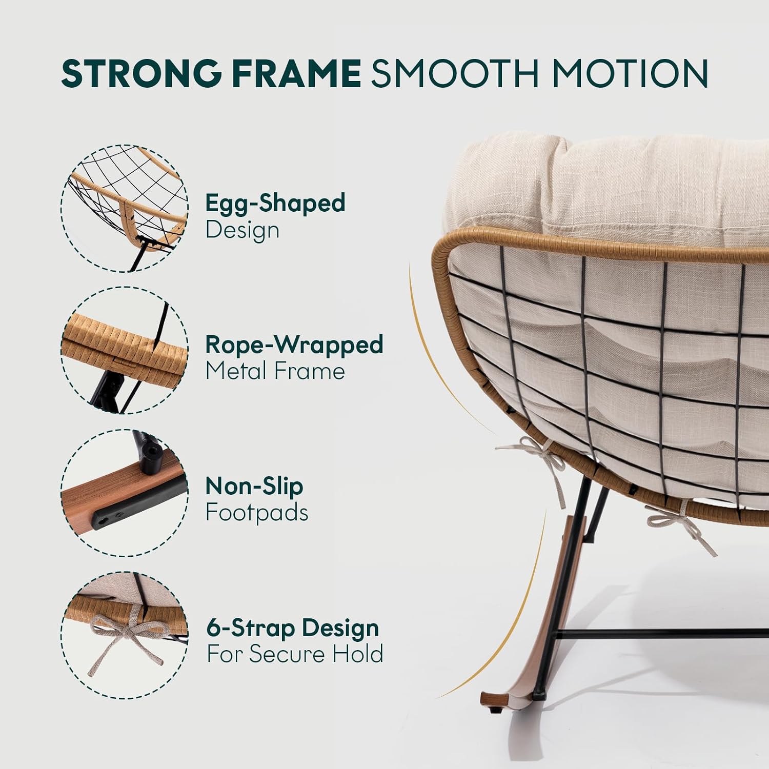 Bme Patio Rocking Chair Outdoor & Indoor, Beige Cushion - Wood Texture Rocker, Metal Patio Lounge Rocking Chair with Thick Cushion, Comfy Modern Rocker Chair for Living Room, Porch, Backyard