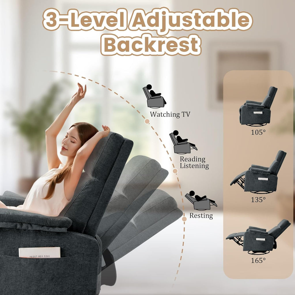 Korser Recliner Chair, Swivel Rocking Recliner Chair for Adults, Glider Rocking Chair, Small Nursery Chair Recliner for Living Room, Reclining Chair with Modern-Designed Armrests,Chenille,Darkgrey