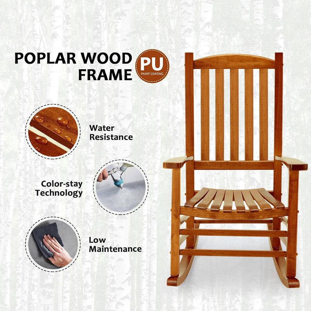 Hupmad Wooden Oversized Porch Rocker Chair with High Back and Armrest, All Weather Slatted Rocker for Backyard, Garden, 400 lbs Support, Natural