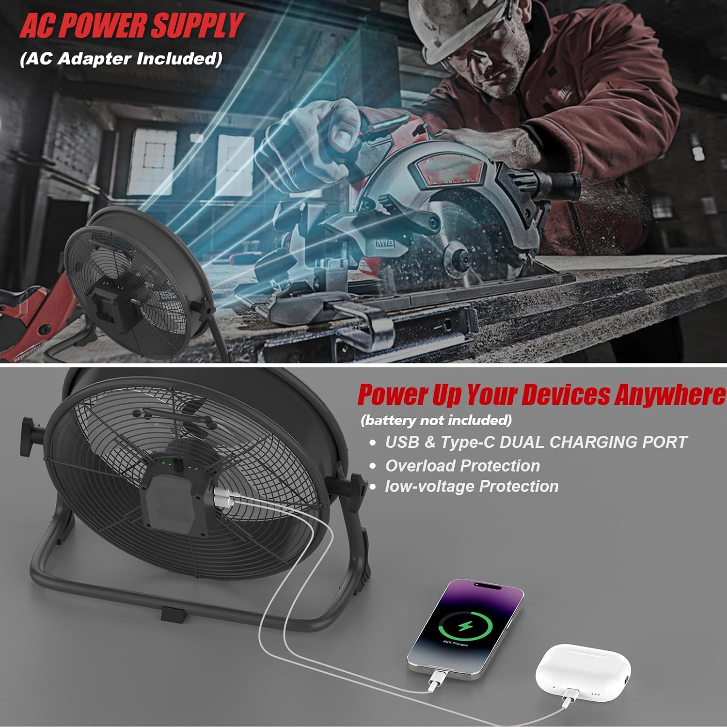 16' Battery Operated Floor Fan Compatible with Milwaukee M18 18V Battery, Portable Fan with AC Adapter and USB Output, Metal Industrial High Velocity, Stepless Speed Cordless Fan for Jobsite Garage