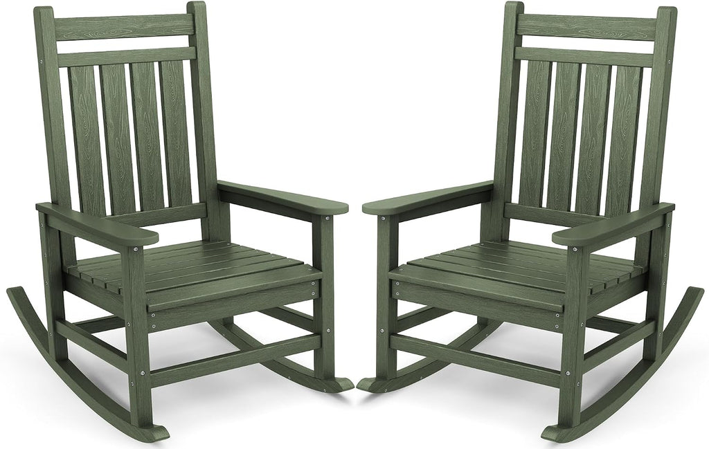 SERWALL Oversized Outdoor Rocking Chair Set of 2, HDPE Rocker for Adults, Patio Rocking Chairs for Porch, Avocado Green