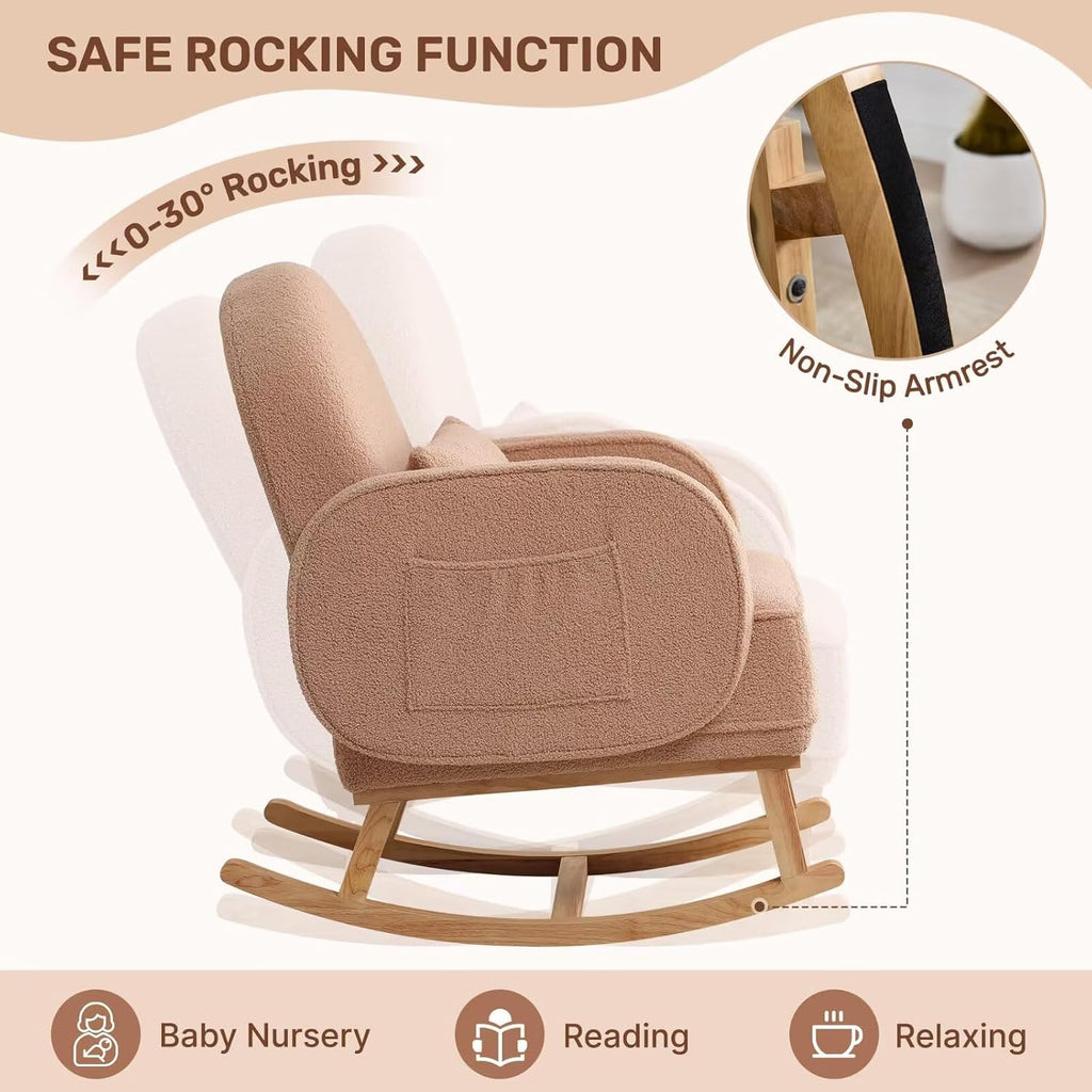 HCHAIRH Rocking Chair Nursery with Ottoman, Upholstered Glider Rocker with High Backrest and Side Pocket, Rocking Accent Armchair with Solid Wood Legs for Nursery, Living Room, Bedroom Coffee