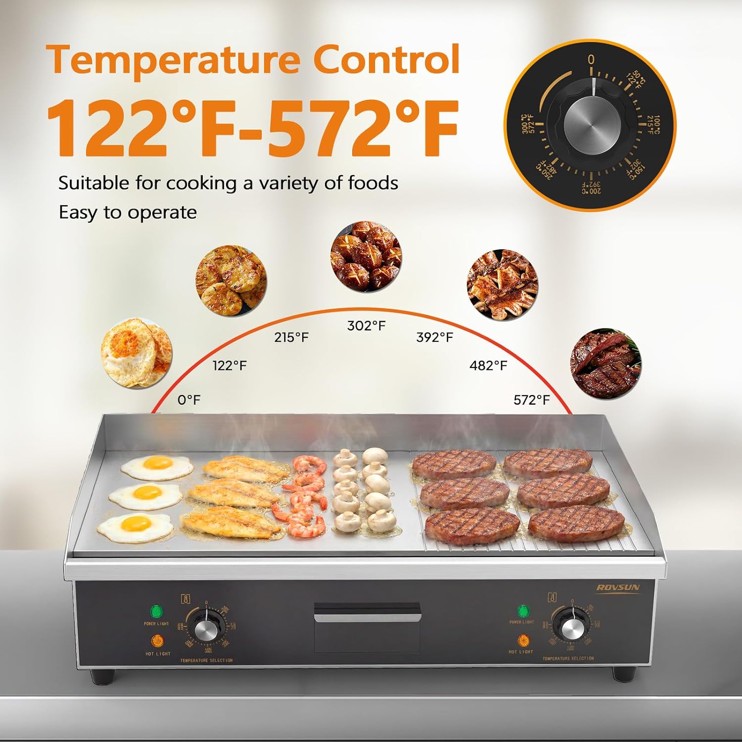 ROVSUN 30' Electric Griddle, Electric Countertop with Half Flat Top Griddle, 3000W Grill Stainless Steel with Adjustable Temperature Control 122°F-572°F for Commercial Home Restaurant, Plug