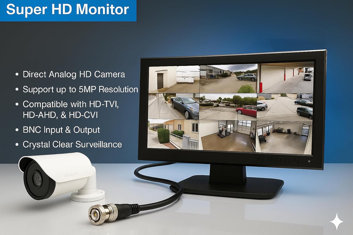 101AV Professional Security Monitor 21.5' 5MP Super HD-TVI, AHD, CVI & CVBS 16:9, 1 HDMI & 2 BNC Inputs and Outputs, Working with Super HD 5MP Security Cameras Directly in Addition to DVR/NVR & PC