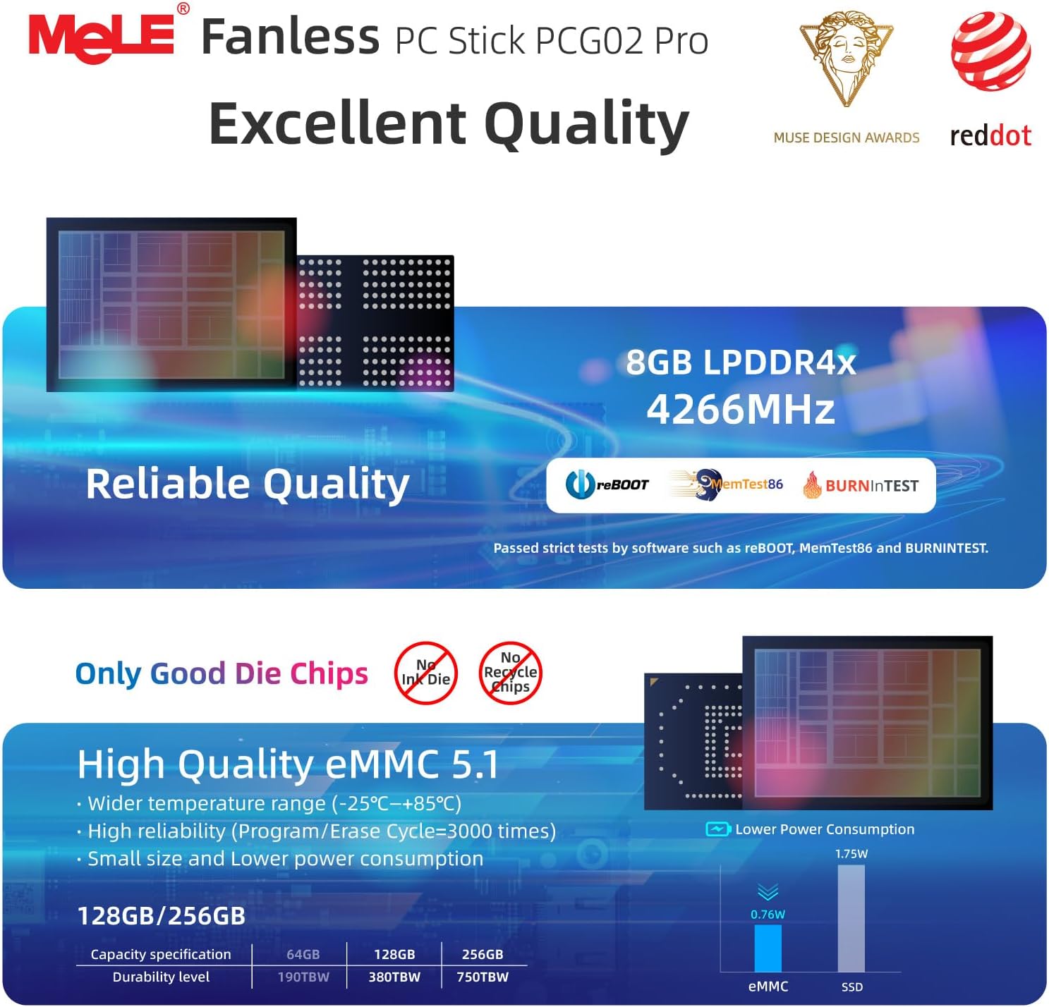 MeLE PCG02 Pro Fanless N100 Mini PC Stick 8GB LPDDR4x 256GB eMMC Win11pro Slim Micro Computer Stick Dual HDMI 4K Display WiFi 5 BT5.1 GbE, Support PD3.0 Protocol, on IoT, Digital Signage, MES, WMS
