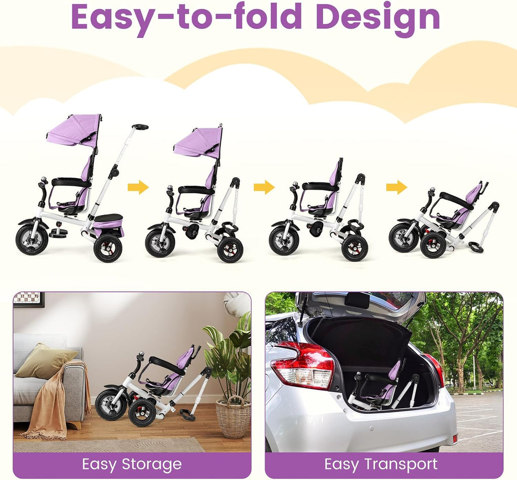 HONEY JOY Tricycle, 5-in-1 Folding Baby Trike Stroller w/Adjustable Handle & Canopy, Reversible Seat, Safety Belt, Folding Pedal, Bell, Storage, Push Tricycle for Toddlers 1-5 Years Old (Purple)