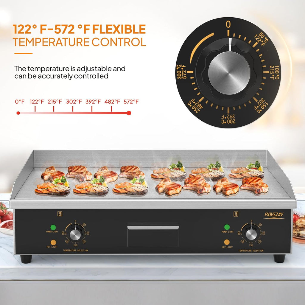 ROVSUN 30' Electric Countertop Flat Top Griddle, 3000W Electric Griddle, Teppanyaki Grill Stainless Steel with Adjustable Temperature Control 122°F-572°F for Commercial Home Restaurant, Plug