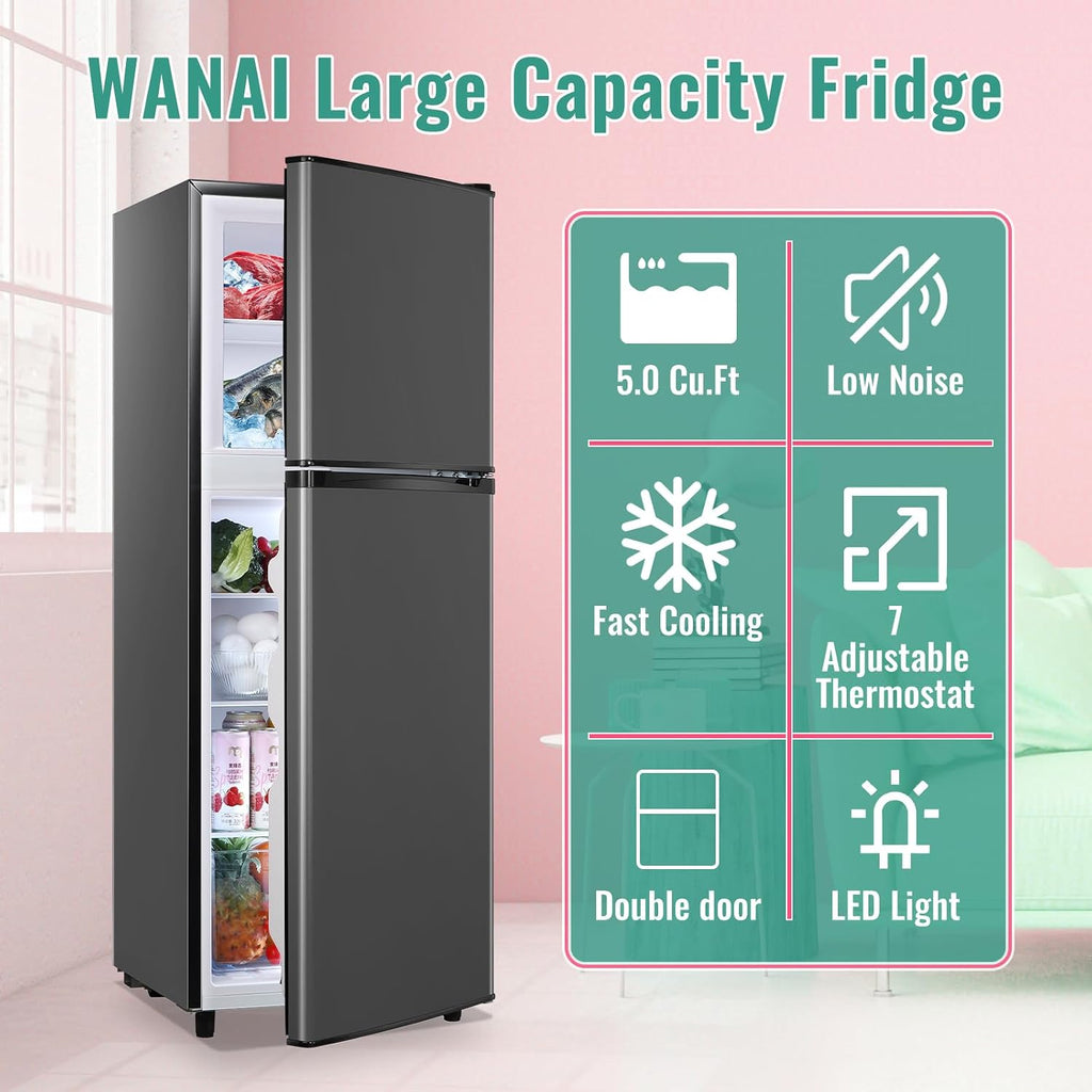 WANAI 5.0 Cu.Ft Fridge with Freezer, Dual Door Refrigerator with 7 Settings Temperature Adjustable, Small Fridge for Office Apartment and Home, Dark Gray