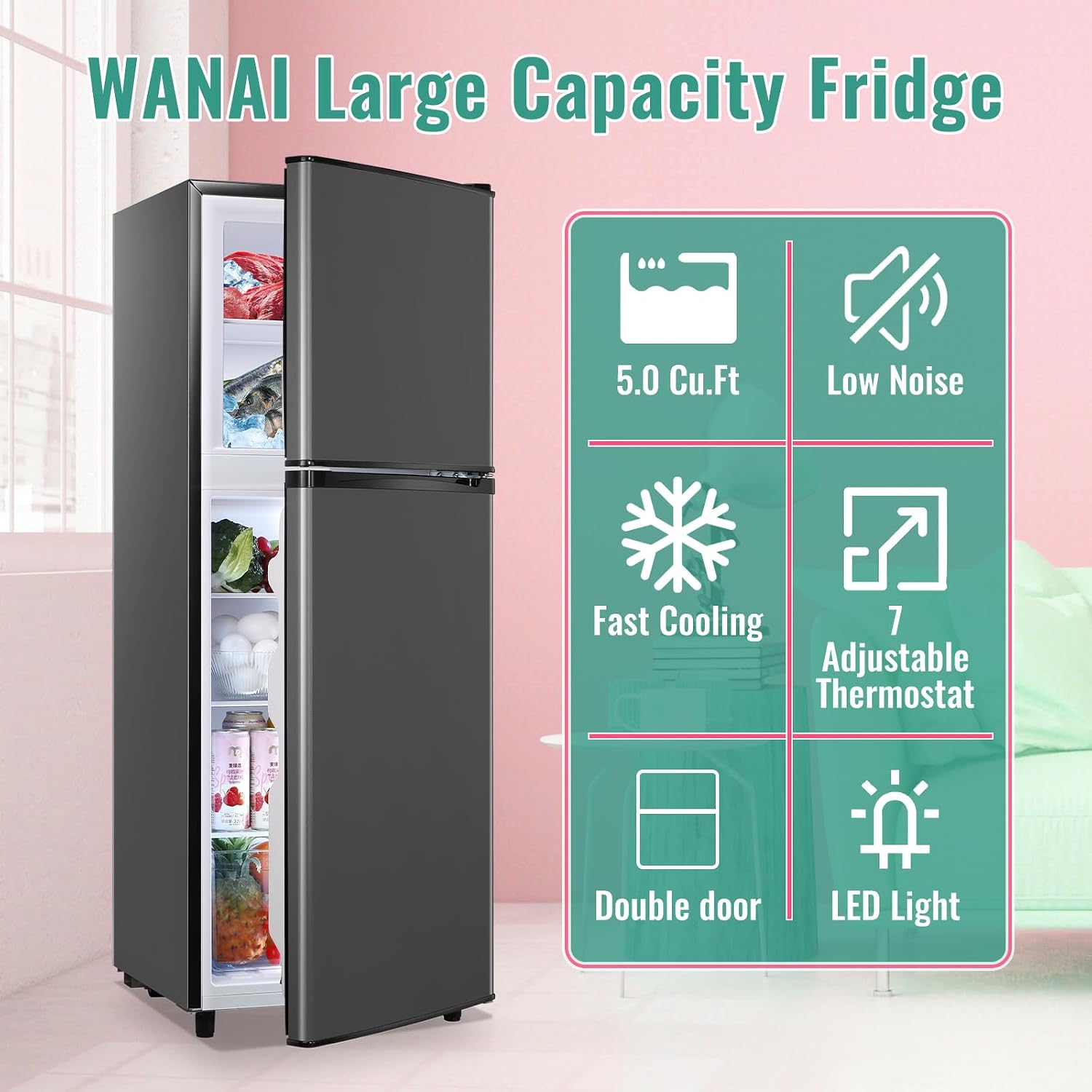 WANAI 5.0 Cu.Ft Fridge with Freezer, Dual Door Refrigerator with 7 Settings Temperature Adjustable, Small Fridge for Office Apartment and Home, Dark Gray