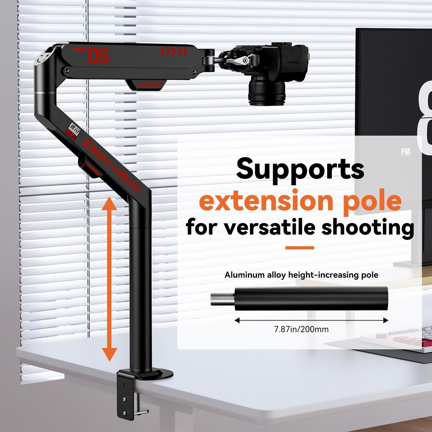 Overhead Camera Mount with 360° Adjustable Arm & Phone Holder for TikTok Live Streaming Photography Studio Content Creation, Desk Mount for for DSLR Camera/Webcam/Microphone, Black