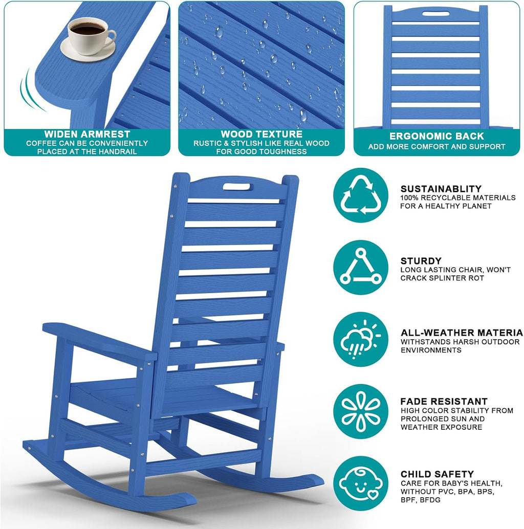 PLUUV Outdoor Rocking Chair Set of 2 with Removable Footboard for Adults, HDPE High Back Patio Rocking Chairs, 330lbs All Weather Porch Rocking Chairs for Outdoor & Indoor -Navy Blue