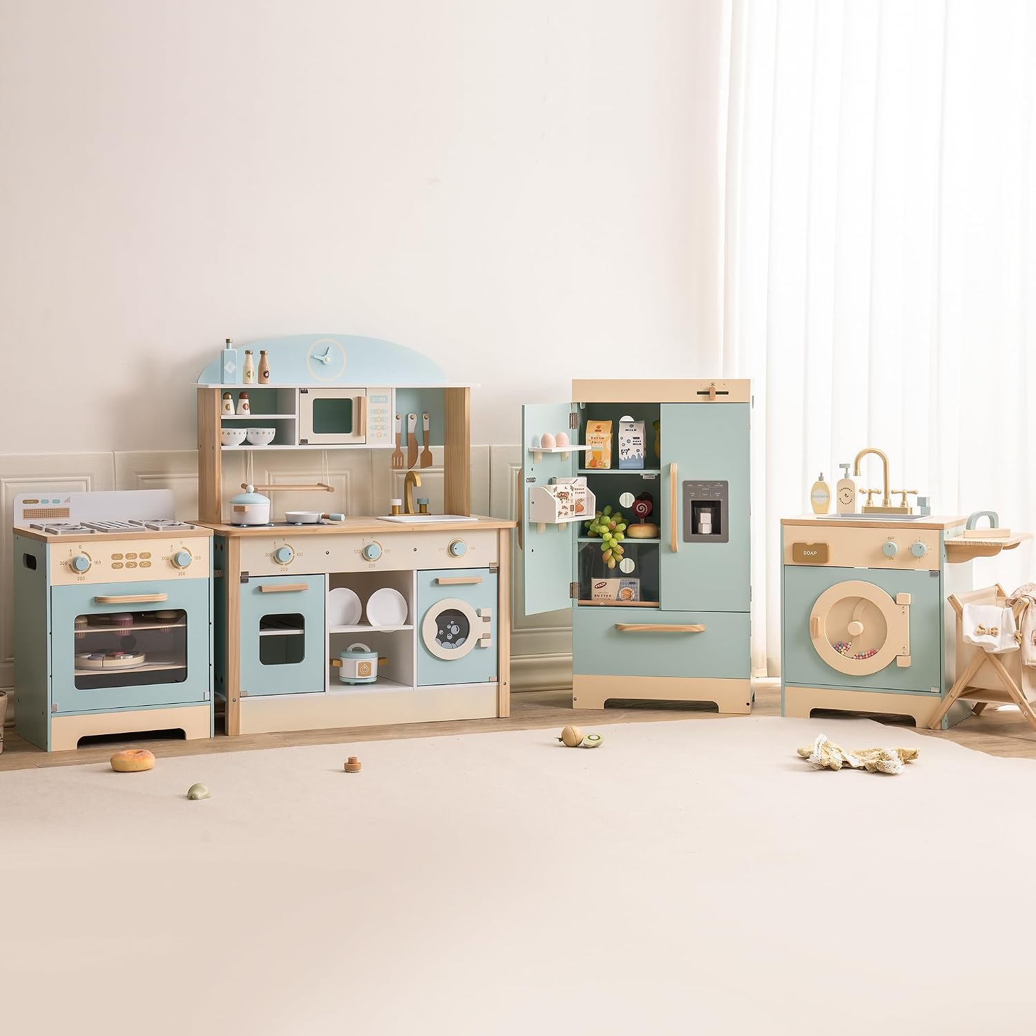 ROBOTIME Wooden Play Kitchen, Toddler Kitchen Playset with Oven, Fridge & Washing Machine, Kids Kitchen Playset Gift for 3+ Year Old Boys & Girls