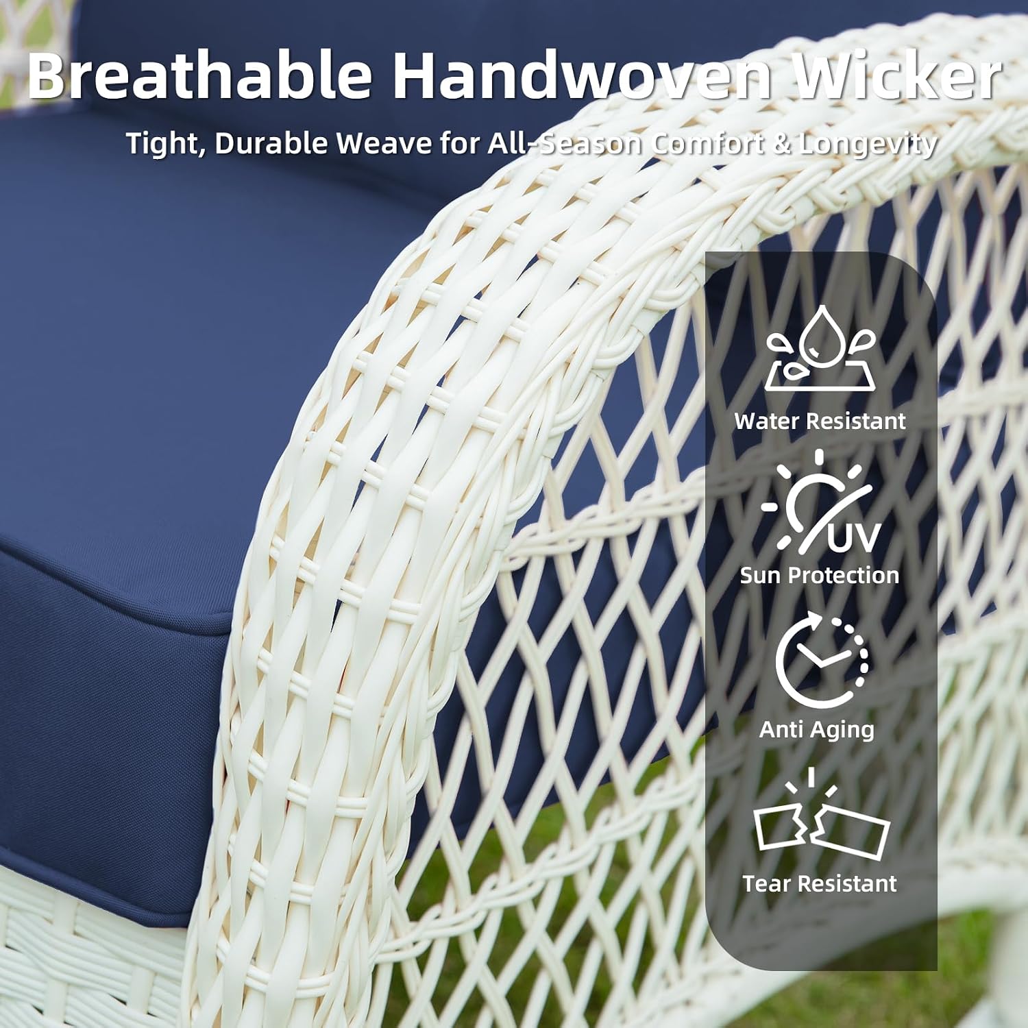 VIVIJASON Outdoor Wicker Rocking Chair, Patio Rattan Rocker Chair with Cushions & Steel Frame, All-Weather Rocking Lawn Furniture for Garden Backyard Porch, Cream White/Navy Blue