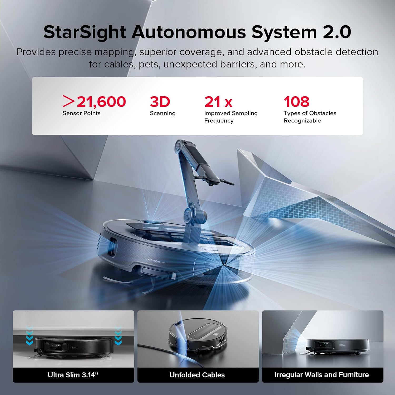 roborock Saros Z70 Robot Vacuum and Mop, OmniGrip Arm, AI-Powered, 22,000Pa Suction, 3.14'' Ultra Slim, FlexiArm Riser Technology, AdaptiLift Chassis, Obstacle Avoidance, Auto Mop Washing & Drying