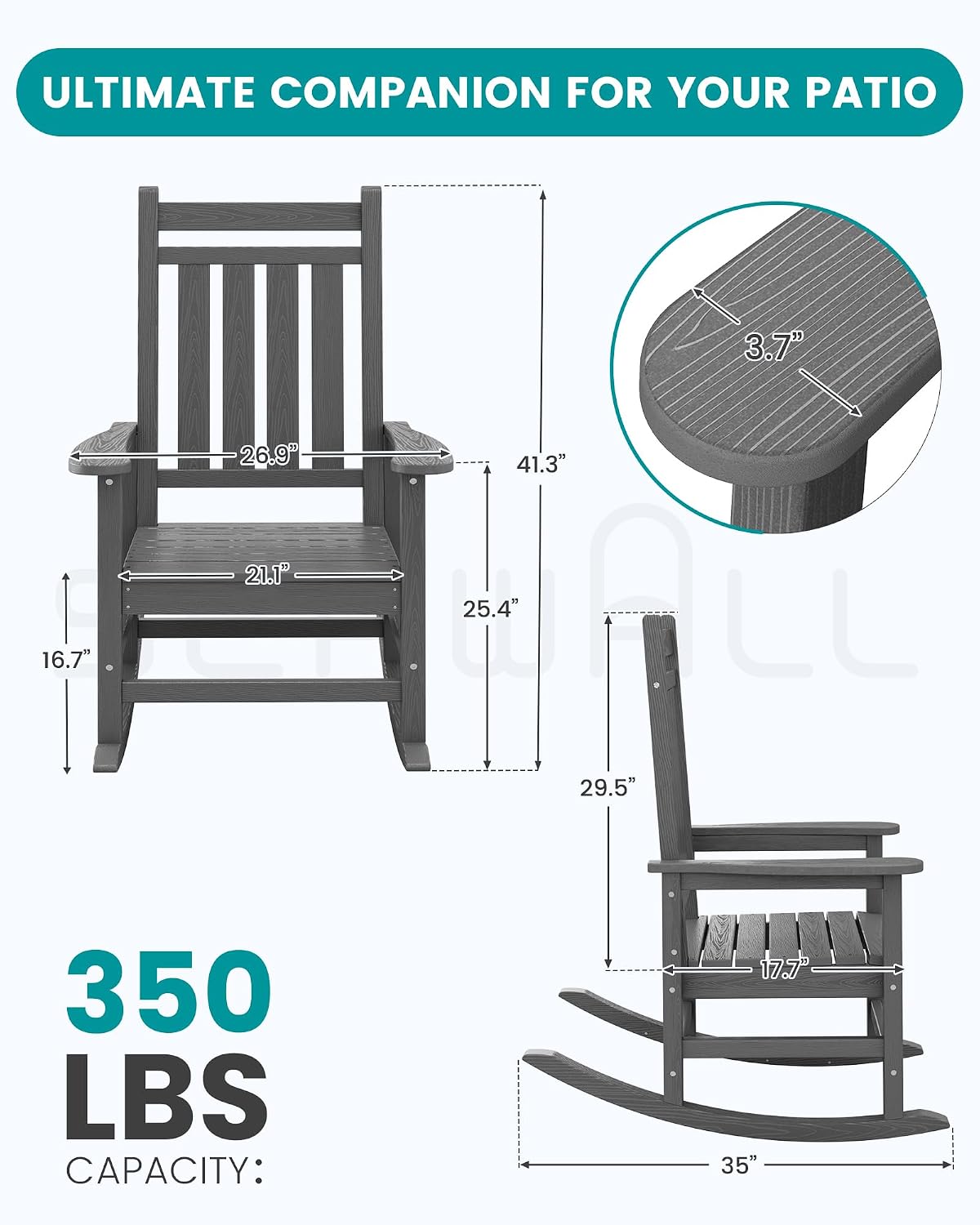 SERWALL Oversized Outdoor Rocking Chair Set of 4, HDPE Rocker for Adults, Patio Rocking Chairs for Porch, Grey