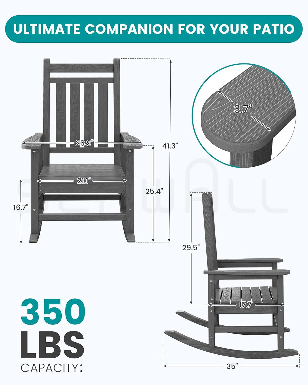 SERWALL HDPE Outdoor Rocking Chair Set of 8, Patio Rocking Chairs for Adults, All Weather Outdoor Rockers for Lawn, Grey