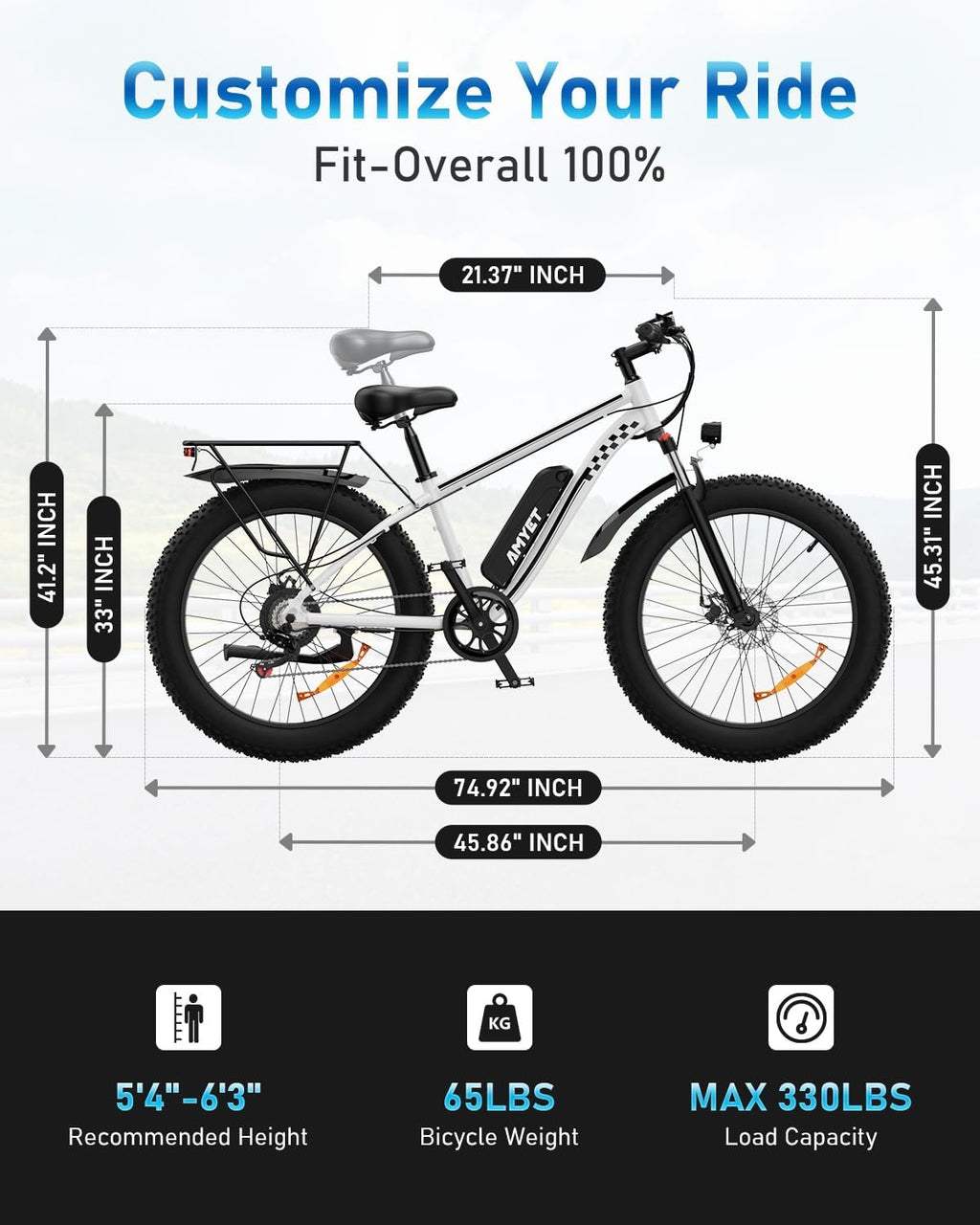 AMYET EB26 Electric Bike for Adults Peak 1500W Electric Bicycle 48V 15AH (720WH) Battery Electric Bike 26' Fat Tire Mountain 28mph 7 Speed Gears Ebike with UL 2849 Certified