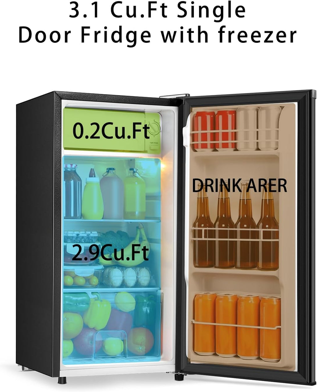 Seaoola Mini Fridge with Freezer, Single Door 3.1 Cu.Ft, Compact Mini Refrigerator, LED Light, Adjustable Thermostat, Removable Glass Shelves, Small Refrigerator for Dorm/Office/Bedroom(Black) (Black)