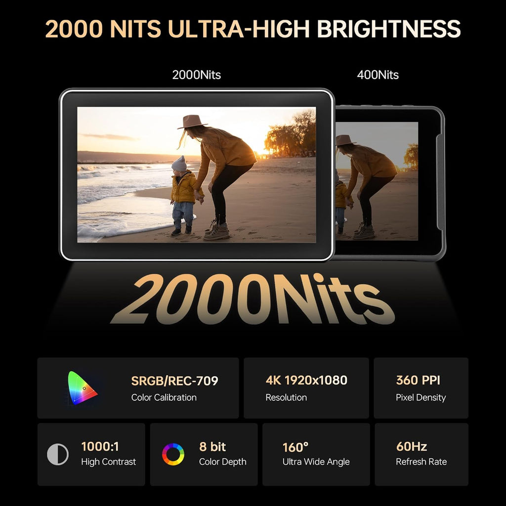 VILTROX DC-X2 6' Camera Field Monitor 2000 Nits HD1920x1080 IPS Touchscreen DSLR Camera Monitor with 3D LUTs, 4K HDMI Loop in/Out with Peak Focus Video Assist Waveform, NP-F550 Battery & Sunshade Hood