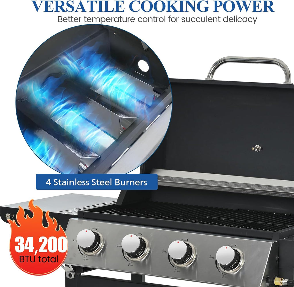 Patio Propane Gas Grill Stainless Steel, 4-Burner BBQ Grill with Top Cover Lid, Spacious Cooking Area and 2 Side Shelves, for Outdoor Patio Garden Picnic Backyard, Black