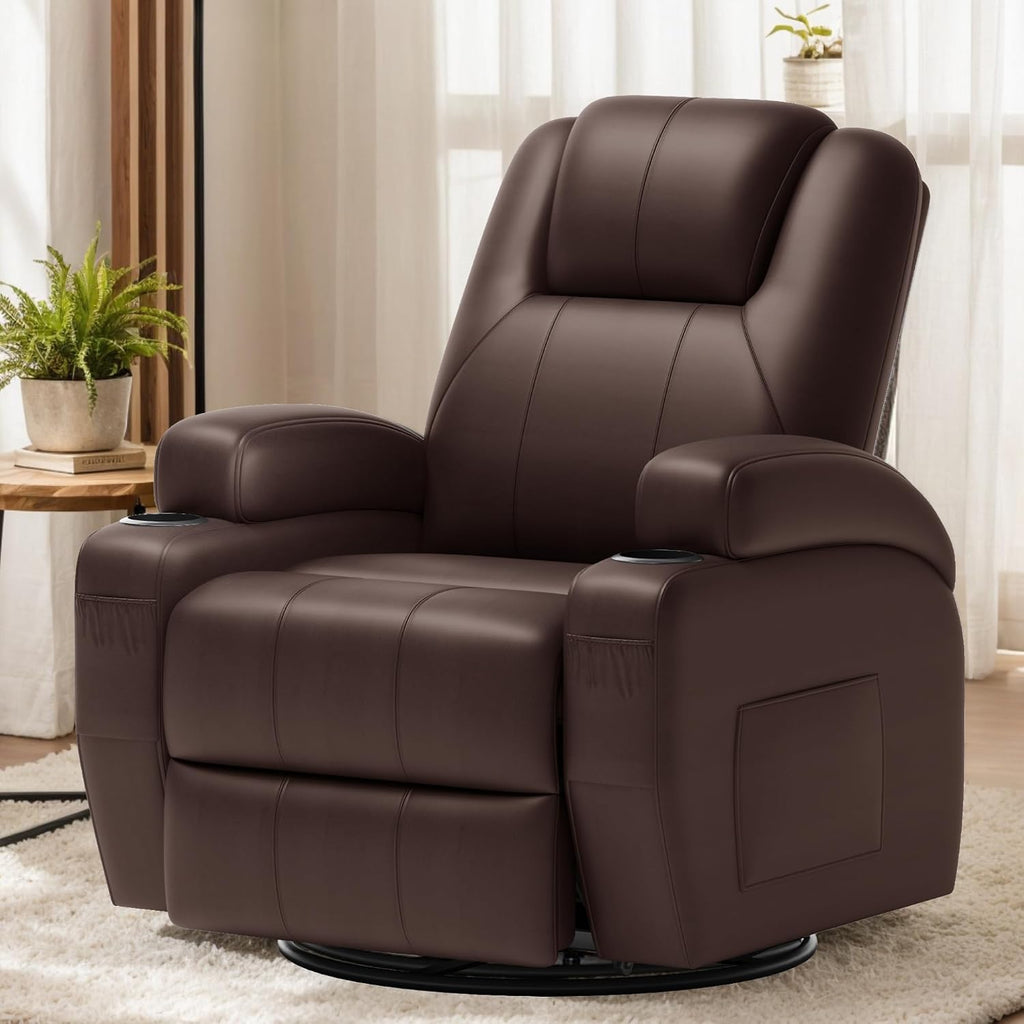 Flamaker Swivel Rocker Recliner Chair with Vibration Massage, 360° Swivel Recliner Chairs for Adults Ergonomic Lounge Chair with Cup Holders Lazy Boy Recliner Single Sofa Seat (Leather, Brown)