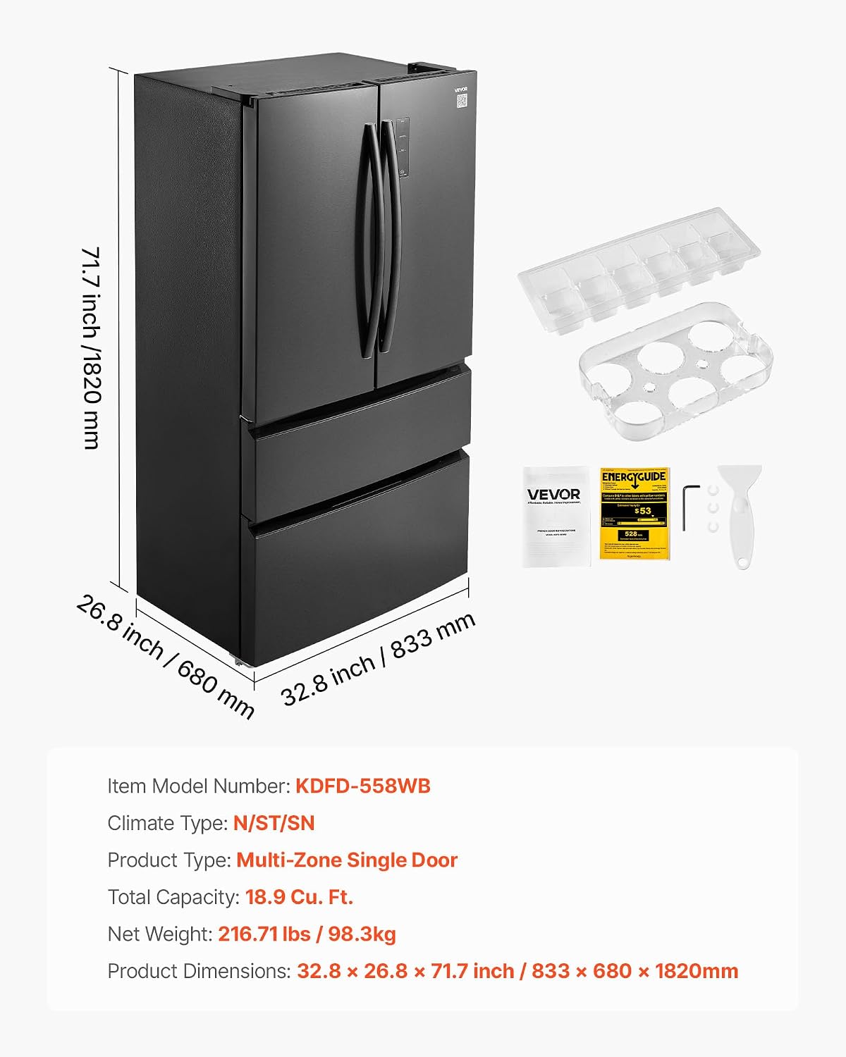 VEVOR French Door Refrigerator, 18.9 Cu. Ft. Kitchen Fridge, Counter Depth French Refrigerator with LED Display and 4 Casters, Frost-Free Bottom Freezer Refrigerators for Home & Commercial Use, Black