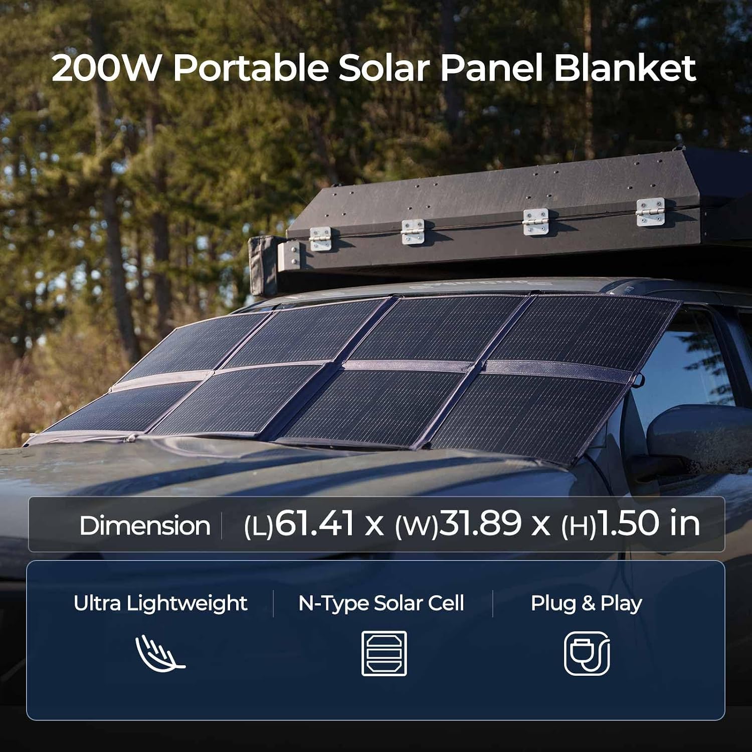 RENOGY REGO 200 Watt Portable Solar Panel, Renogy Solar Blanket N-Type Foldable Solar Panel, 25% High Efficiency, Lightweight Solar Panels Charger for Camping, RV, Marine, SUV, Off Grid Applications