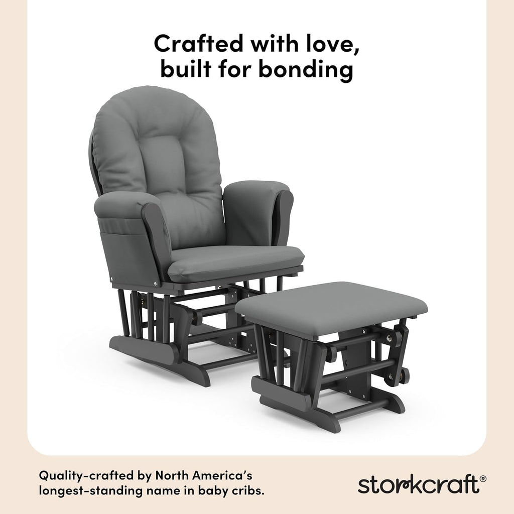 Storkcraft Premium Hoop Glider & Ottoman (Gray/Gray) — GREENGUARD Gold Certified Nursery Glider, Solid Wood Craftsmanship, Smooth-Gliding Nursery Chair and Ottoman, Award-Winning