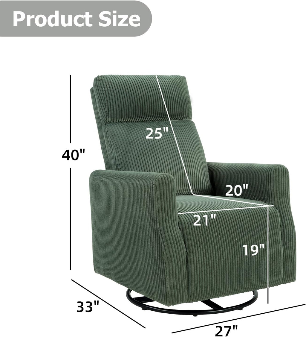 CANMOV Swivel Rocker Chair for Nursery, Swivel Accent Chair with High Back and Arms, Corduroy Glider Chair for Living Room Bedroom Nursery, Green