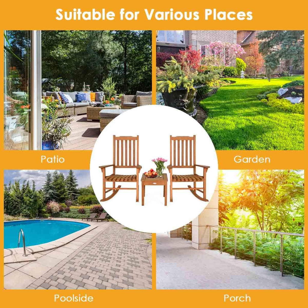 Giantex 3 Piece Patio Rocking Chair Set, Outdoor Wood Conversation Set w/ 2 Rockers & 1 Coffee Table, Eucalyptus Wooden Rocking Bistro Set for Backyard Porch Poolside Lawn