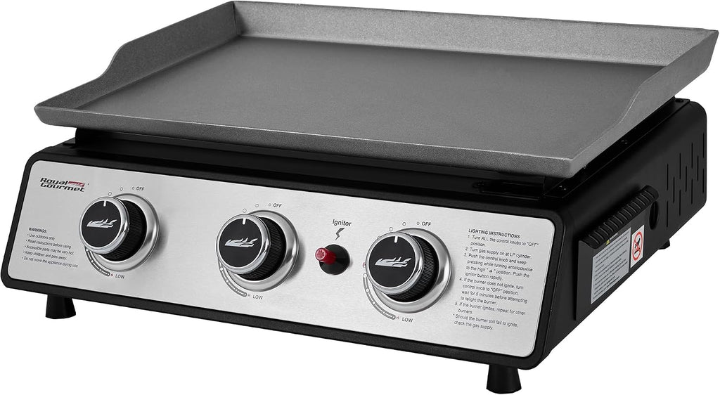Royal Gourmet PD1301S Portable 3-Burner Tabletop Gas Griddle, 25,500 BTU Cooking Power, 304 Sq. In. Cooking Surface, Ideal for Camping & Tailgating, Black & Silver