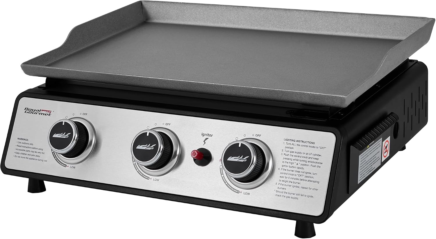 Royal Gourmet PD1301S Portable 3-Burner Tabletop Gas Griddle, 25,500 BTU Cooking Power, 304 Sq. In. Cooking Surface, Ideal for Camping & Tailgating, Black & Silver