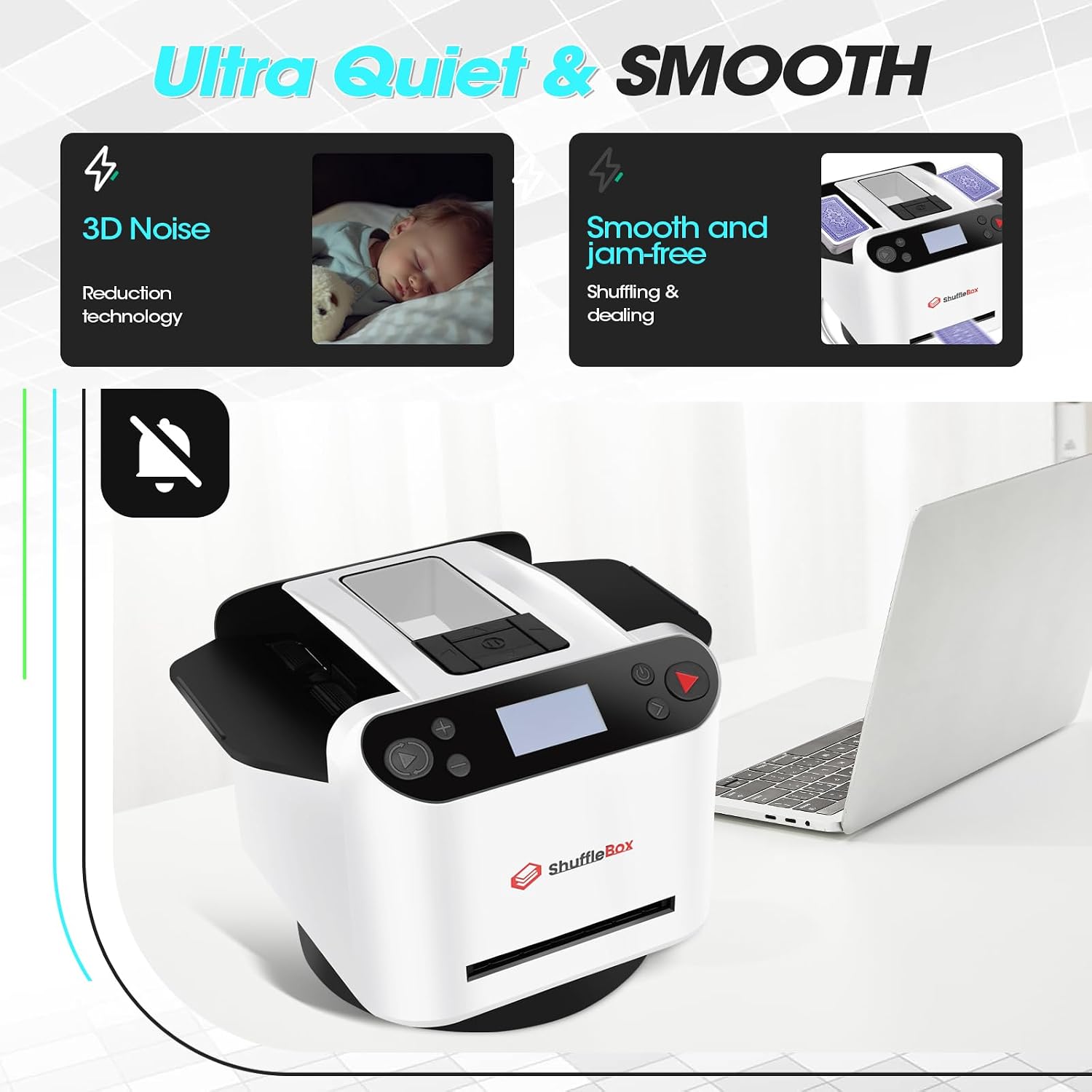 ShuffleBox G1 Pro 2025 Version Automatic Card Shuffler and Dealer 2-in-1 for 12 Players, Ultra Quiet, Rechargeable, Remote Card Calling, for Board Games and Poker Games (White)
