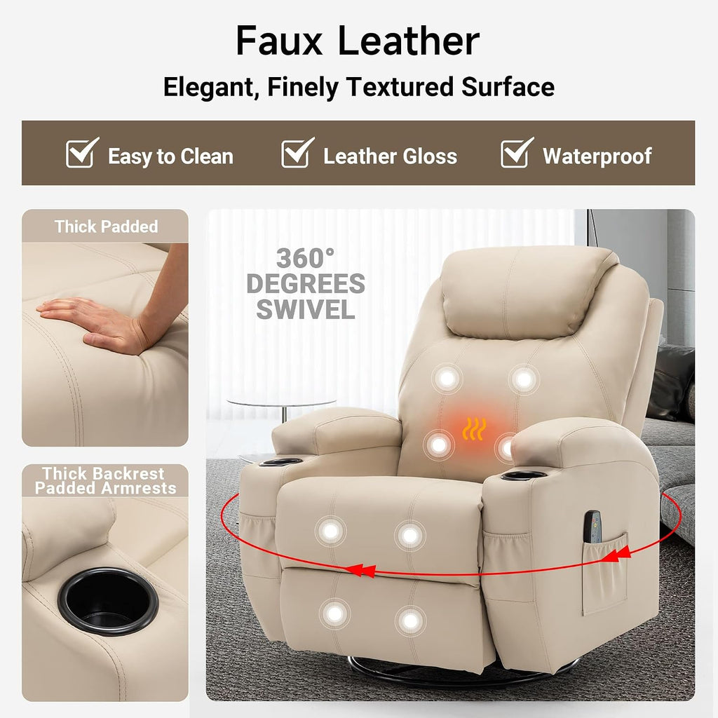 Korser Recliner Chair, Rocking Chair with Massage and Heat, 360° Swivel Recliner Chairs for Adults, Rocker Manual Recliner with Remote Control and Cup Holder for Living Room, Bedroom, Nursery