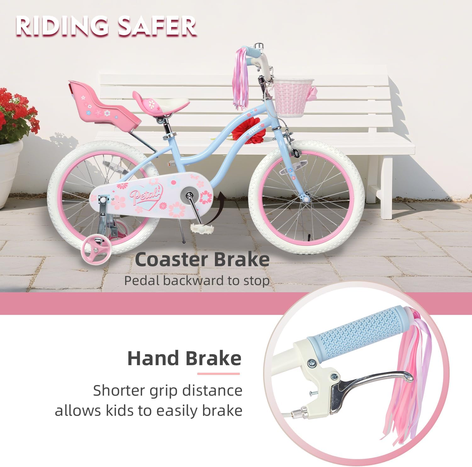 Glerc Petal Girls Bike 12-18 Inch for Ages 2-9, Kids Bike with Training Wheels, Basket & Streamers, Princess Style Kids Bicycle, for Girls
