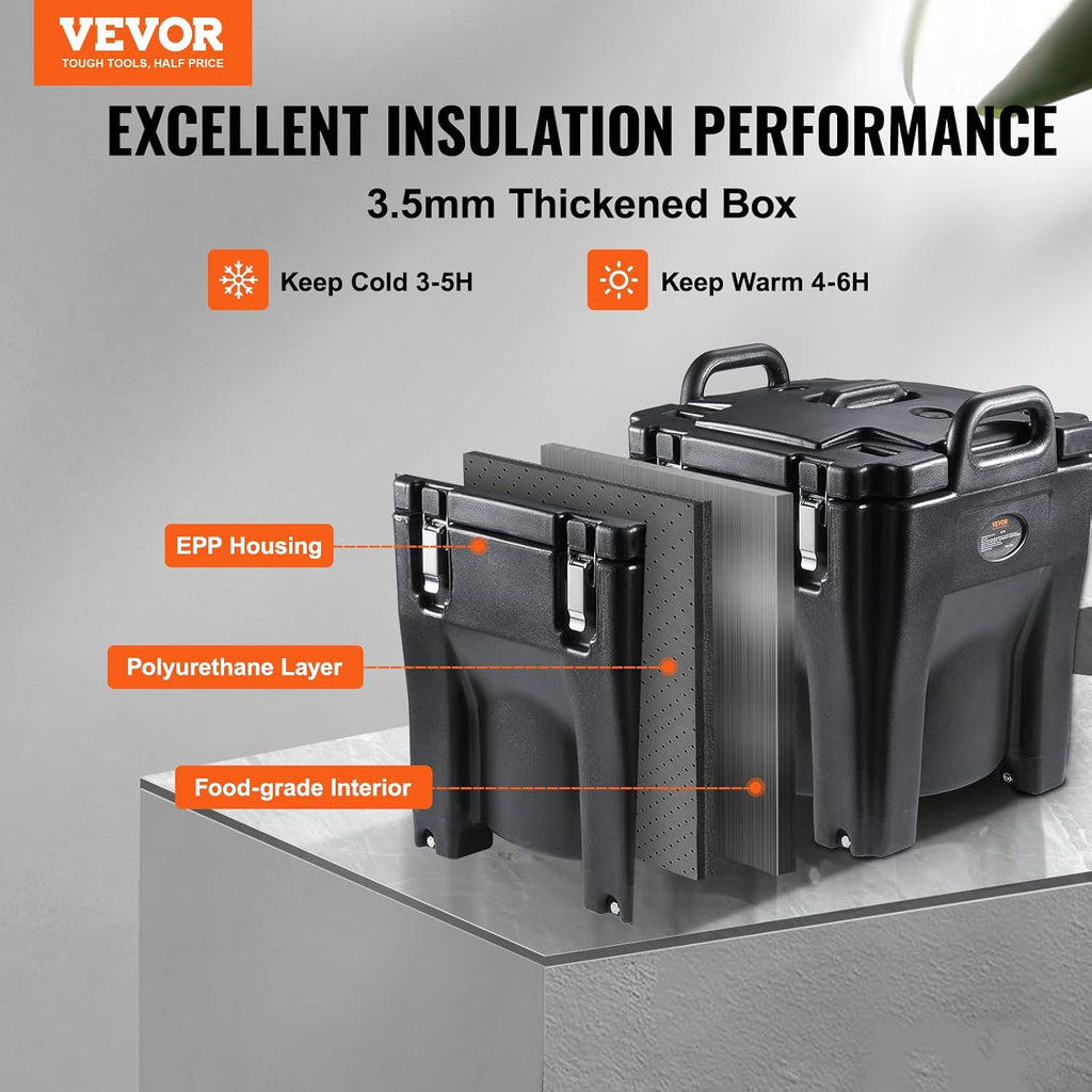 VEVOR Insulated Food Carrier, 32Qt Capacity Stackable Hot Box for Catering w/Stainless Steel Barrel, Top Load LLDPE Food Warmer w/Stationary Base, for Restaurant Canteen, Black