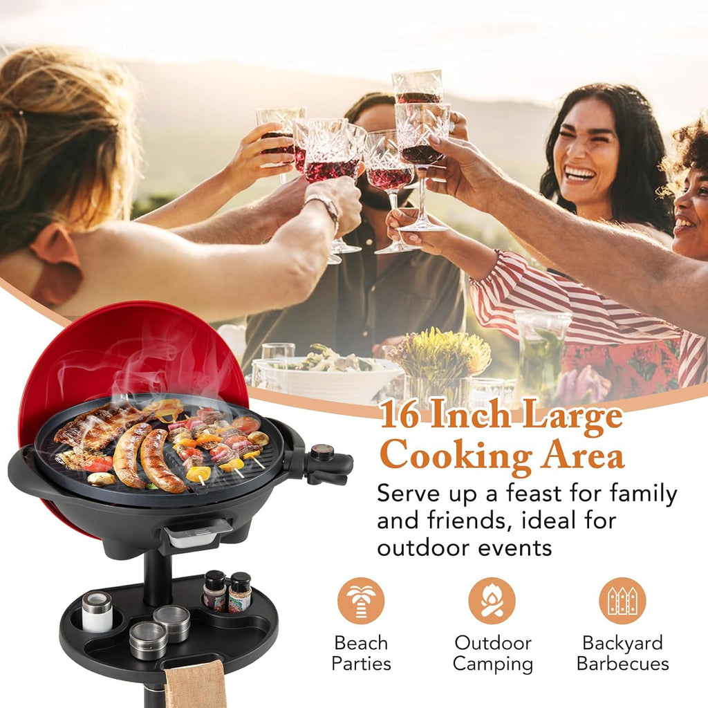 Happygrill Electric Grill Outdoor, 1350W Portable BBQ Grill w/Non-stick Griddle Plate, Temperature Control, Drip Tray, Temperature Control for Patio Camping (Red, 24.5'' Dia x 38.5'' H)