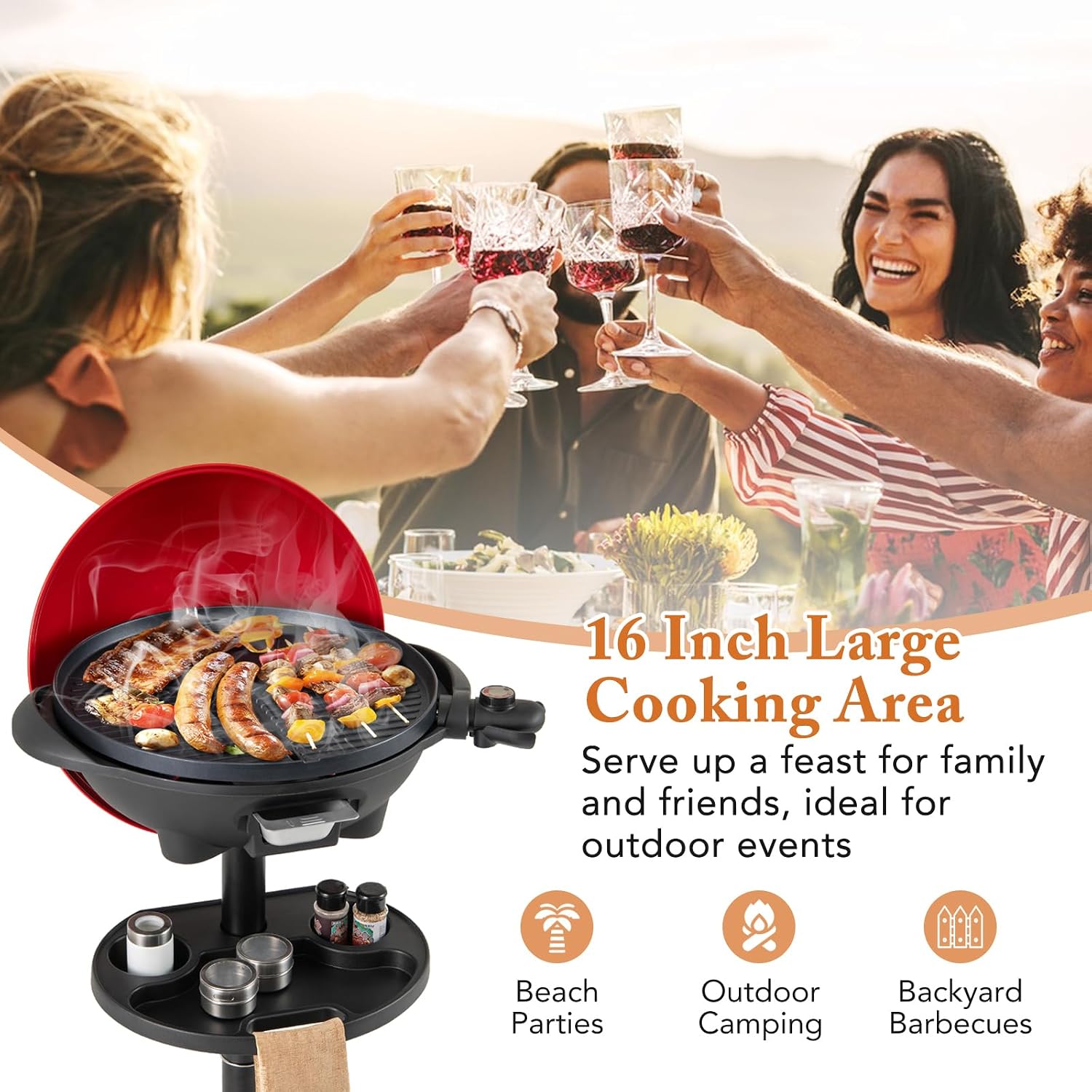 Happygrill Electric Grill Outdoor, 1350W Portable BBQ Grill w/Non-stick Griddle Plate, Temperature Control, Drip Tray, Temperature Control for Patio Camping (Red, 24.5'' Dia x 38.5'' H)