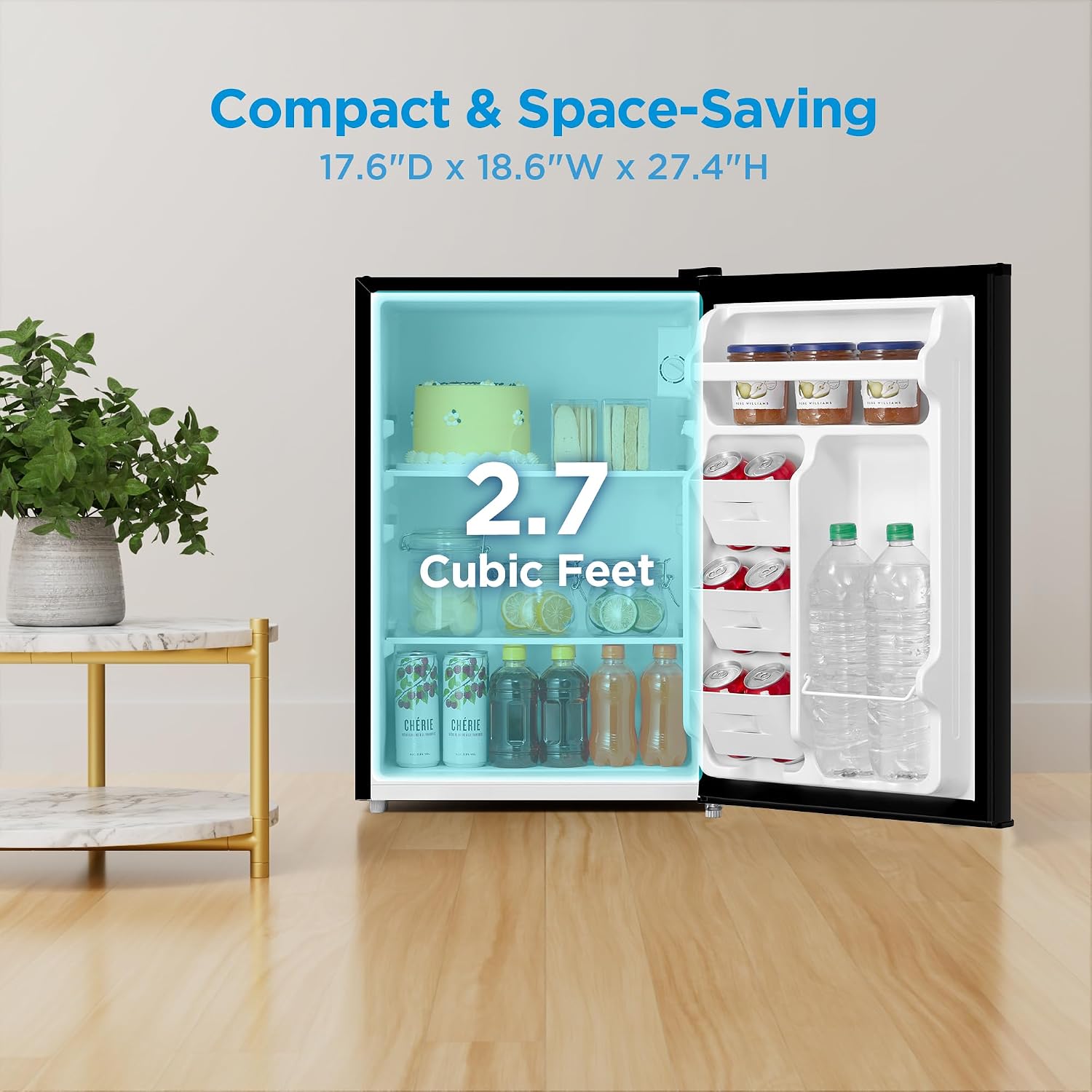 Midea MERM26B0ABB Mini Fridge, 2.7 Cu.ft Energy Star Certified Mini Refrigerator, Adjustable Thermostat, Reversible Door, Low Noise for Dorm, Office, Bedroom, Black