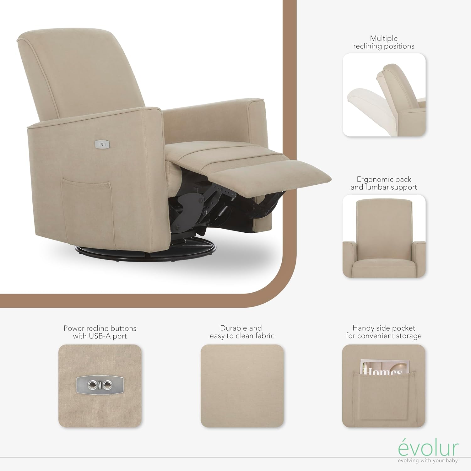 évolur Harlow Upholstered Power Glider Recliner with USB Charging – Rocking & 275° Swivel with Smooth Glide – Greenguard Gold & FSC Certified – Modern Nursery and Living Room Chair in Fawn