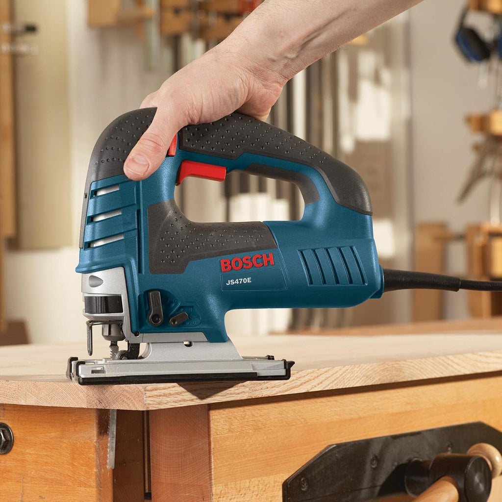 BOSCH Top-Handle Jig Saw 7.0 Amp, 3,100 SPM, 45 Degree Beveled Cuts, Variable-Speed Control, Ergonomic Design, Corded (JS470E)