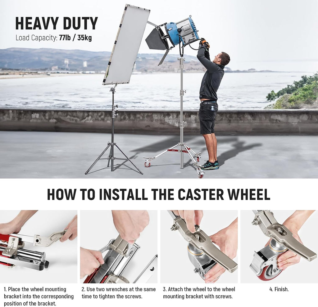 NEEWER Heavy Duty Stainless Steel Light Stand with Casters, 1-1/8' Junior Receiver, Spring Loaded 5/8' Baby Stud, Max Load 77lb, 7.9ft/240cm Junior Wheeled Stand for Studio Softbox Reflector, ST240SS