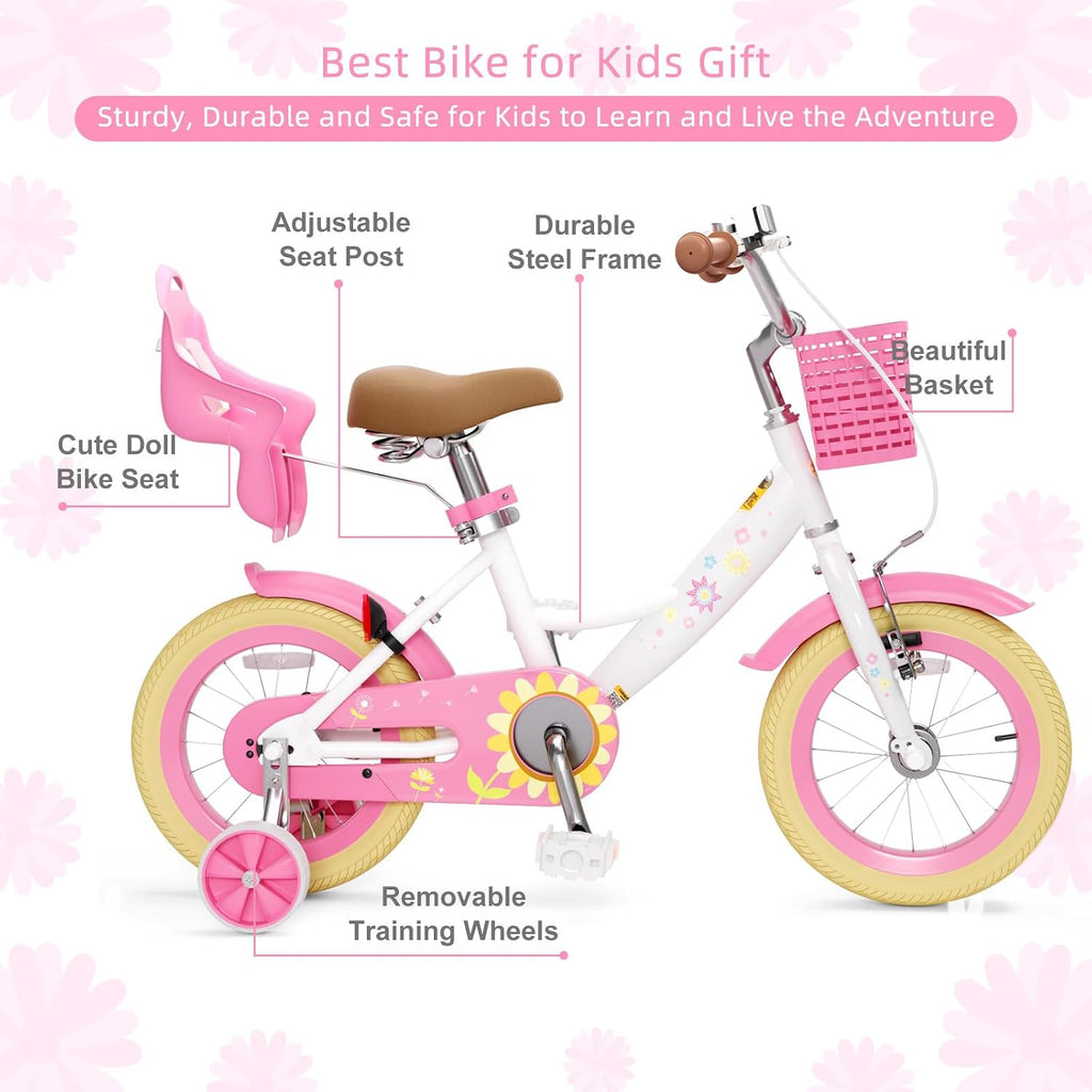 Glaf Toddler Girls Bike for Age 2-9 Years 12 14 16 Inch Girls Bike with Training Wheels and Doll Seat Kids Bike Bicycle with Basket,Adjustable Seat,Bell