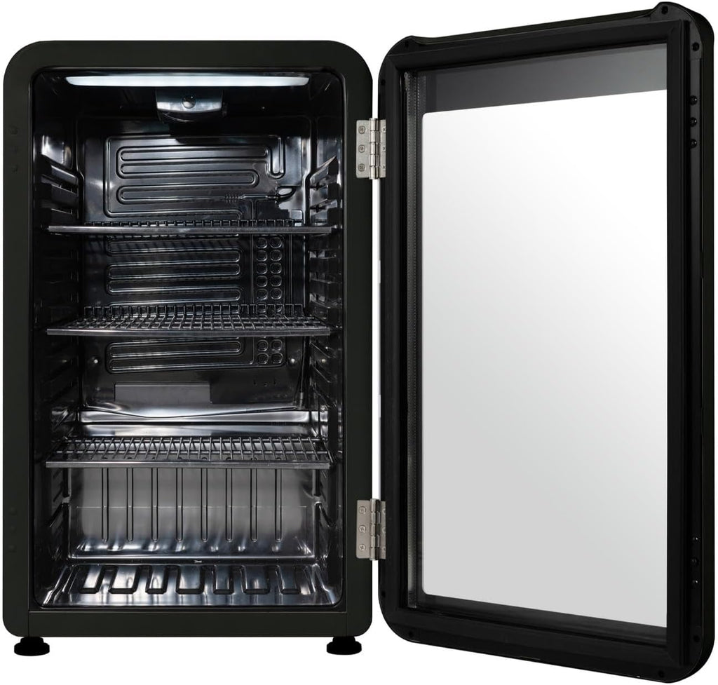 Frigidaire Retro Compact Refrigerator with Glass Door, 3.2 cu ft Countertop Fridge, Rounded Corners, Premium, for Office, Bedroom, Dorm Room, Cabin