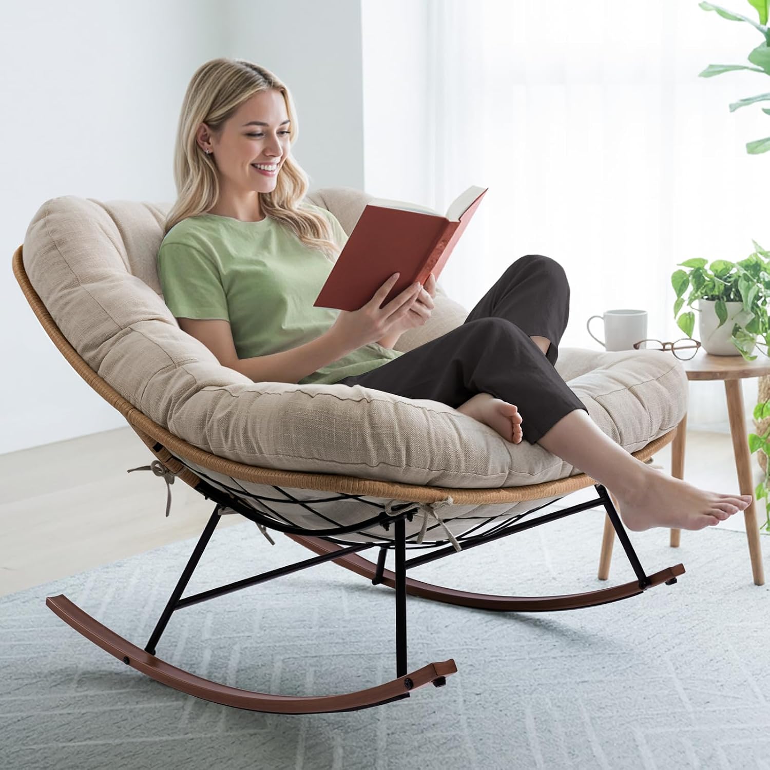 Bme Patio Rocking Chair Outdoor & Indoor, Beige Cushion - Wood Texture Rocker, Metal Patio Lounge Rocking Chair with Thick Cushion, Comfy Modern Rocker Chair for Living Room, Porch, Backyard